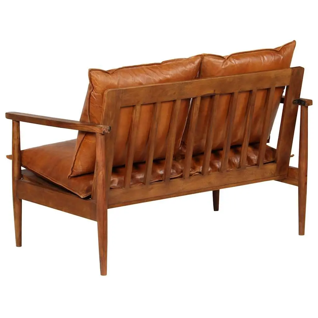 3 Piece Sofa Set Handmade Goat Leather Upholstery Solid Acacia Wood Frame Brown