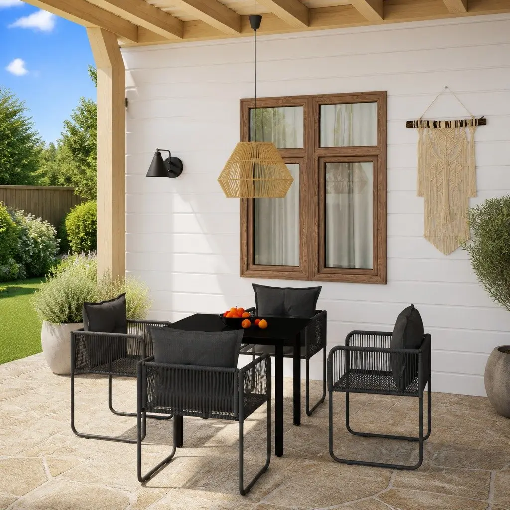 5 Piece Outdoor Dining Set Rattan Chairs Black Glass Table Powder-coated Steel Frame