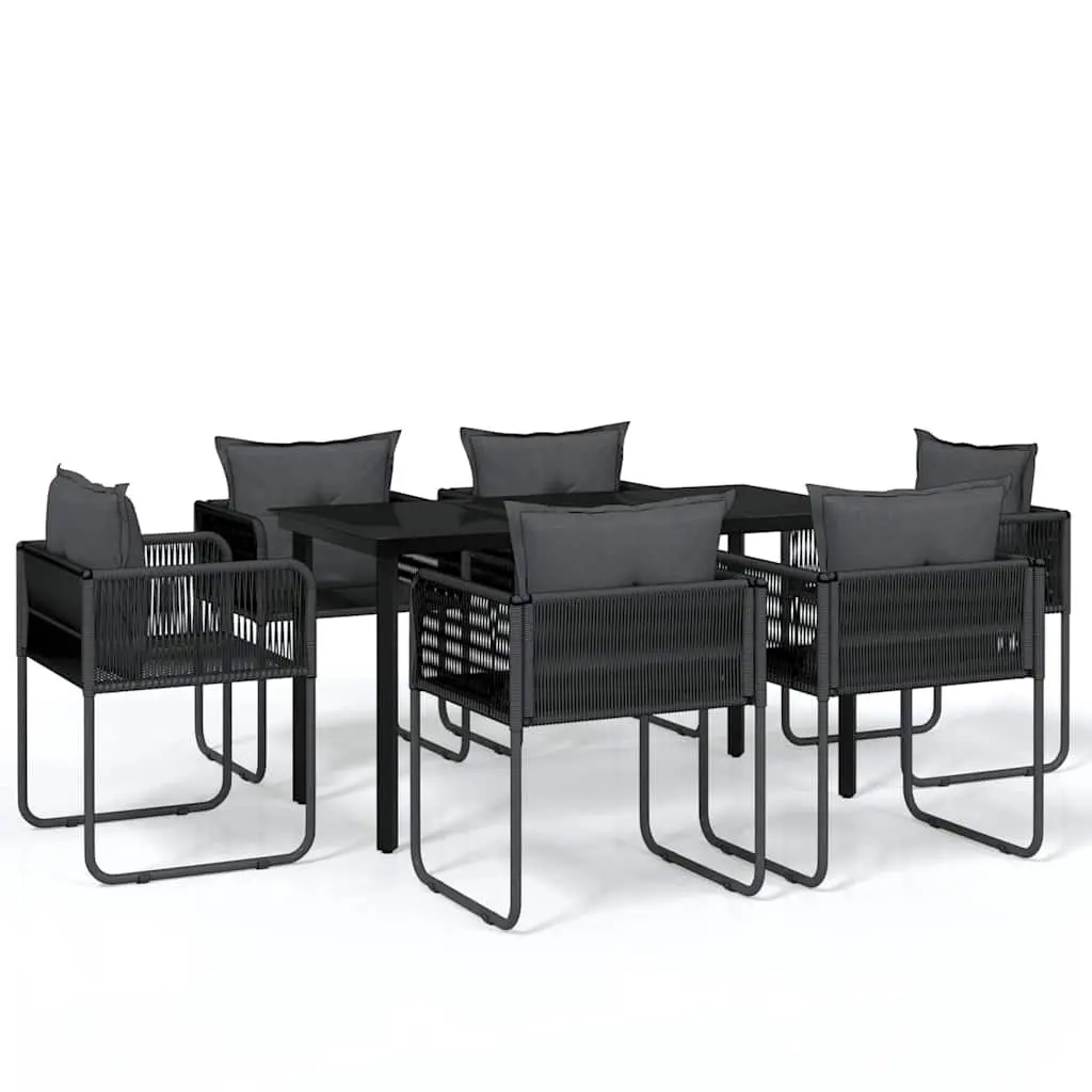 7 Piece Outdoor Furniture Set Rattan Chairs Glass Table Steel Frame Black