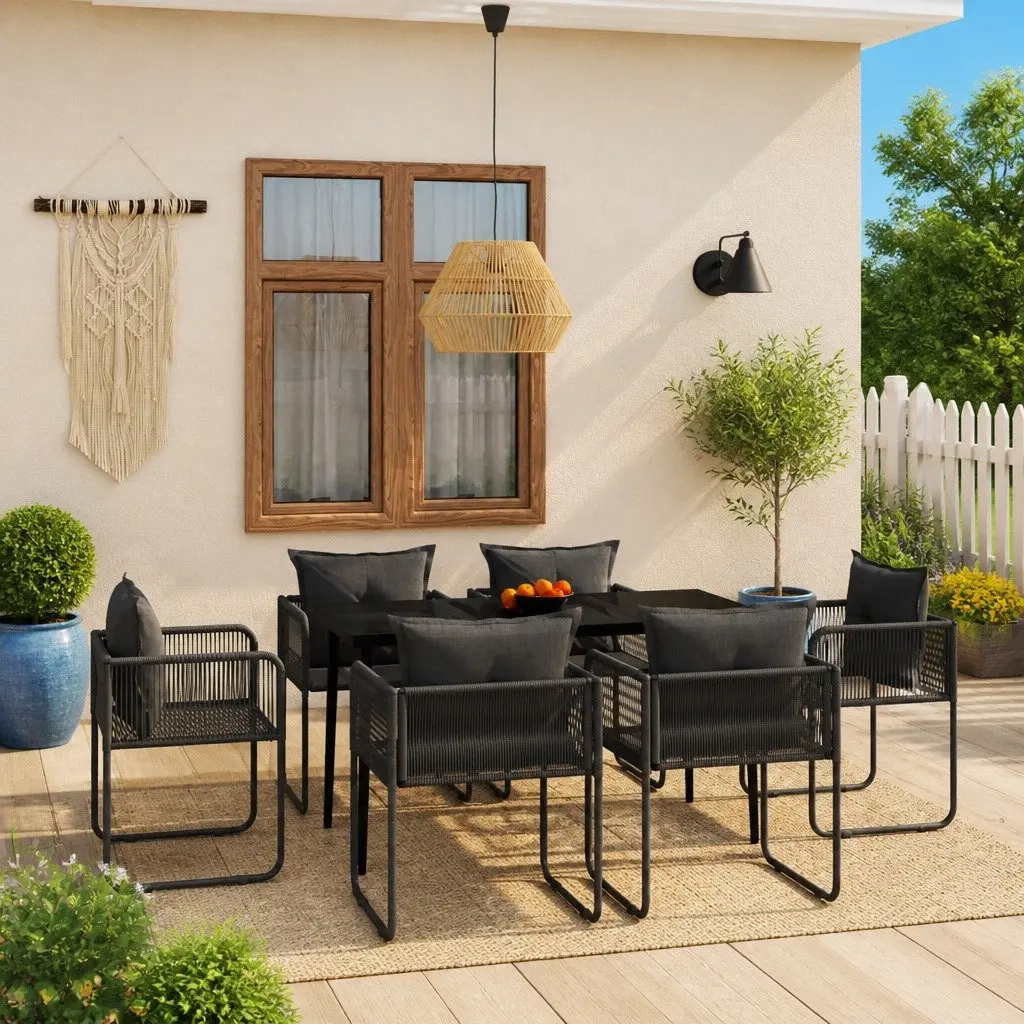 7 Piece Garden Dining Set Rattan Chairs with Back Pillows Black Steel Frame Glass Table