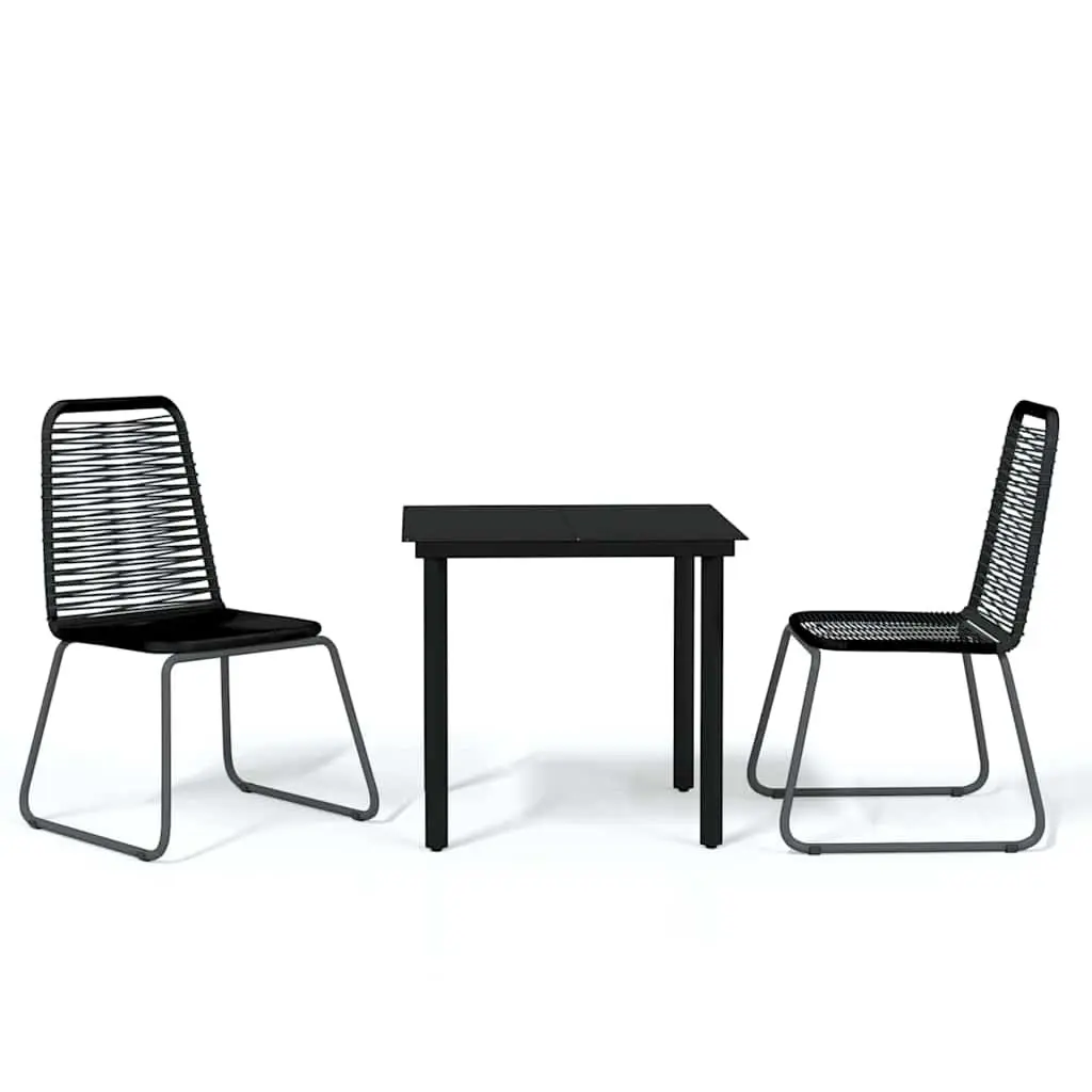 Garden Dining Set 3 Piece Steel Frame Glass Table Black PE Rattan Chairs