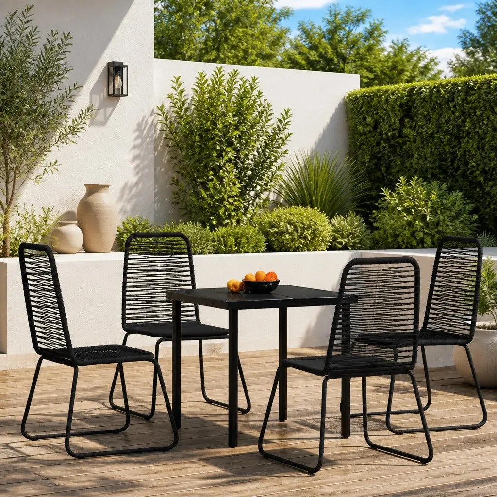 Outdoor Dining Set 5 Piece Steel Frame Glass Table Black PE Rattan Patio Chairs