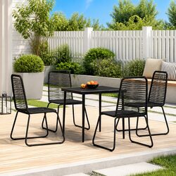 5 Piece Outdoor Dining Set Black Glass Table and Rattan Chairs Garden Patio