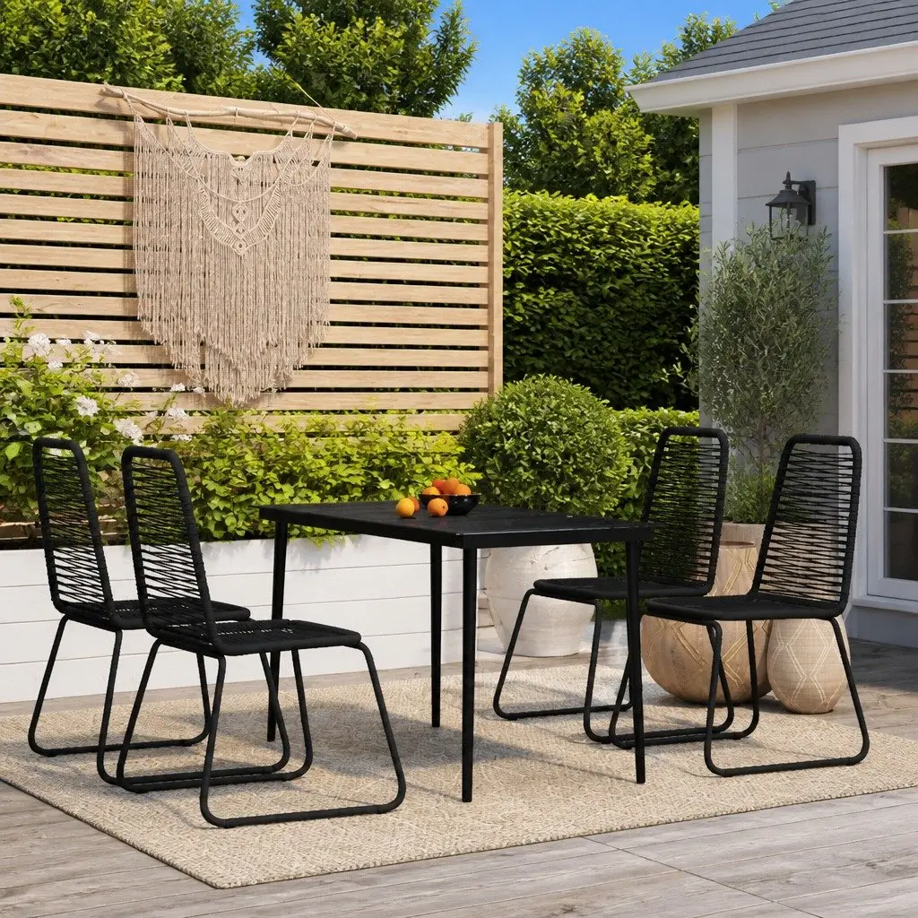 5 Piece Patio Dining Set Black Glass Top with Steel Frame and Rattan Chairs
