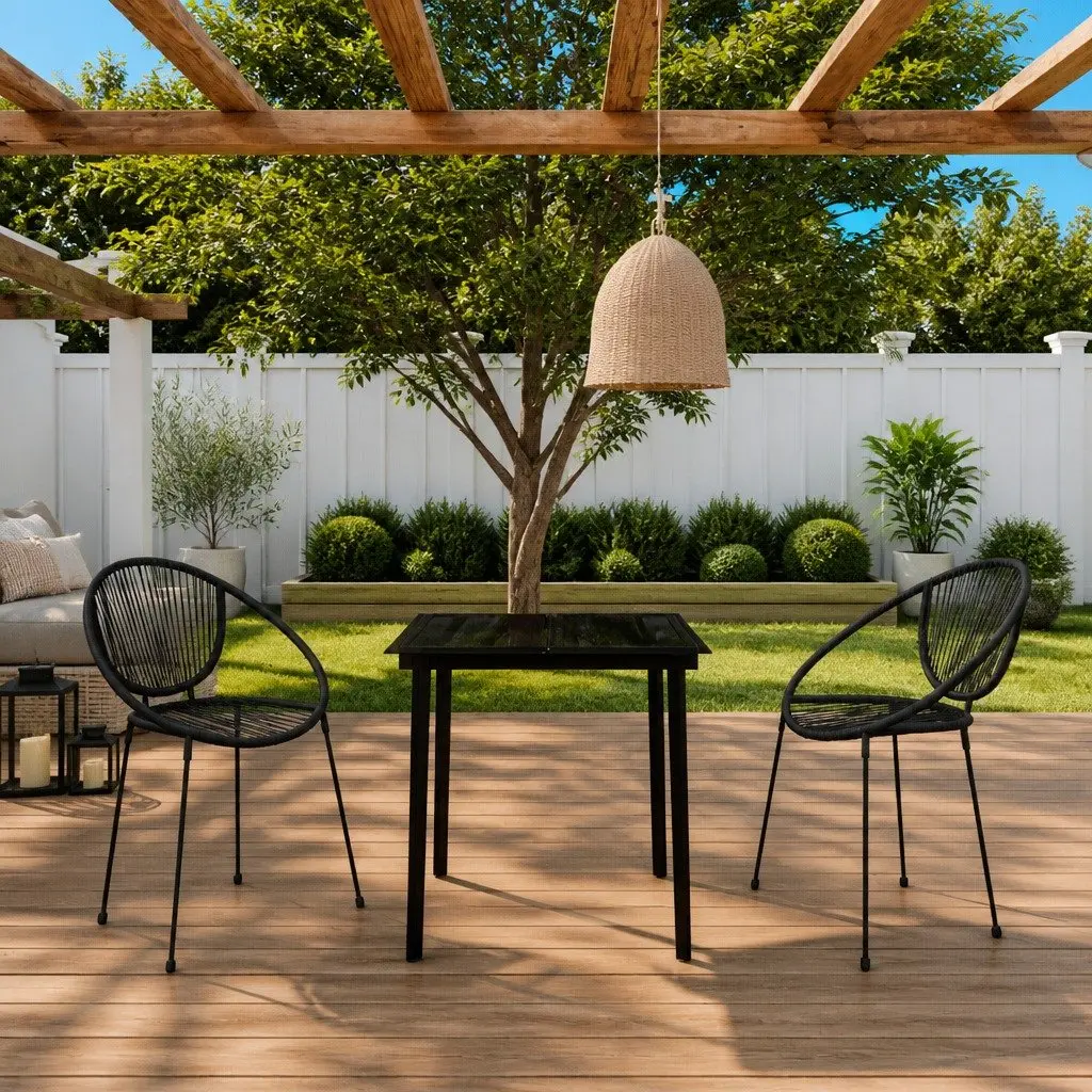 Garden Dining Set Rattan Powder-coated Steel 3 Piece Black Glass Top