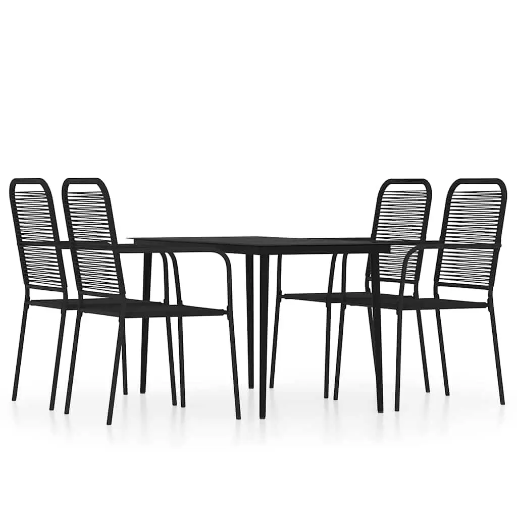 5 Piece Garden Dining Set Black Powder-coated Steel Frame Glass Table Twined Cotton Rope Chairs
