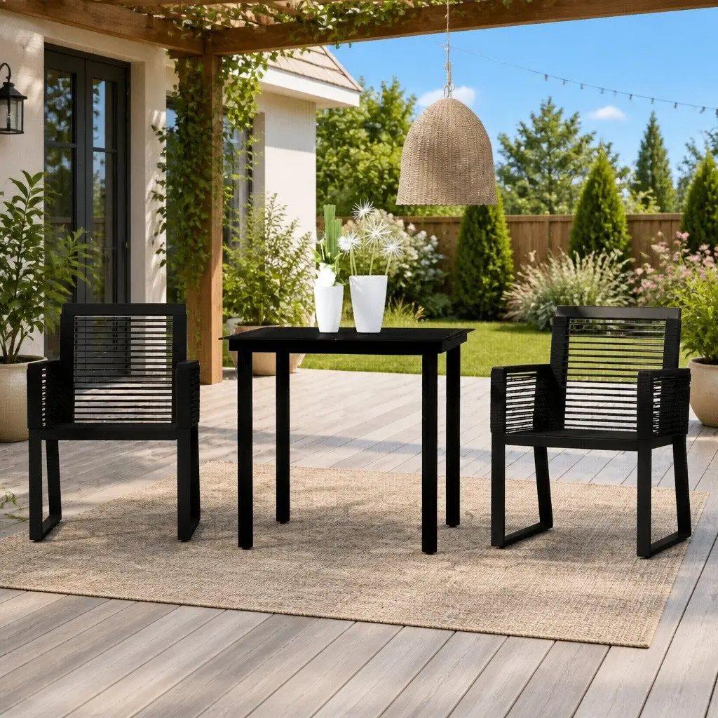 3 Piece Garden Dining Set Powder-coated Steel Glass Top Black Outdoor Table Chairs