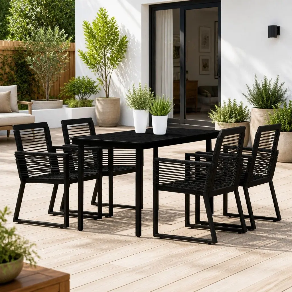 Black Garden Dining Set Steel Frame Glass Top 5 Piece Outdoor Table Chairs