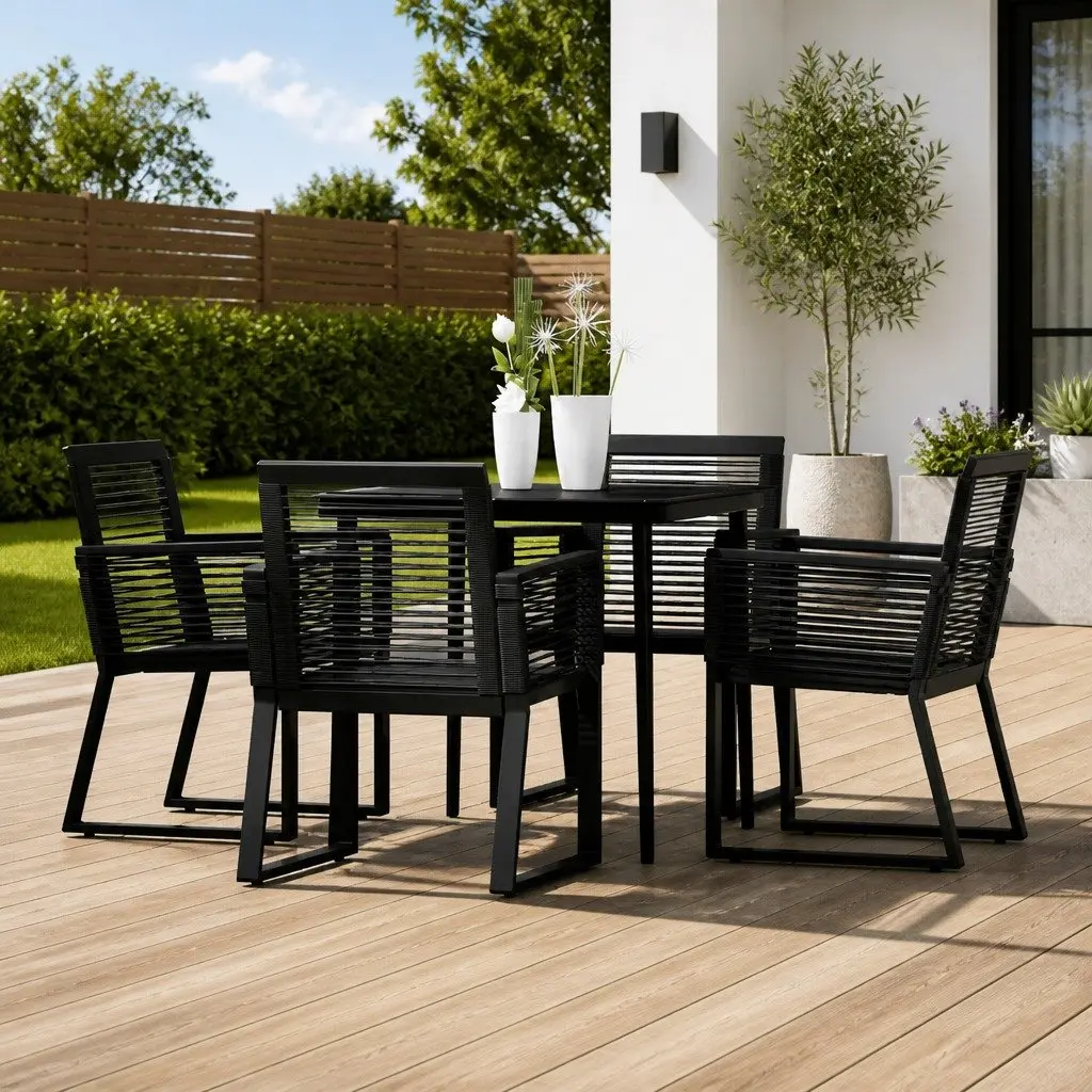 Garden Dining Set 5 Piece Outdoor Table Glass Black Steel Rattan