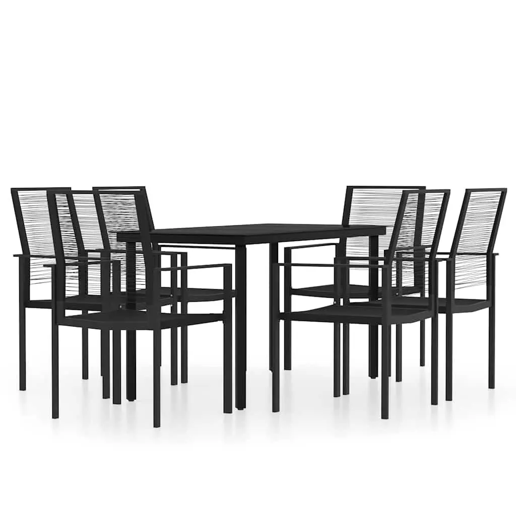 7 Piece Outdoor Dining Set Powder-coated Steel Frame Glass Table Black Water-resistant PVC Hollow Rattan Chairs