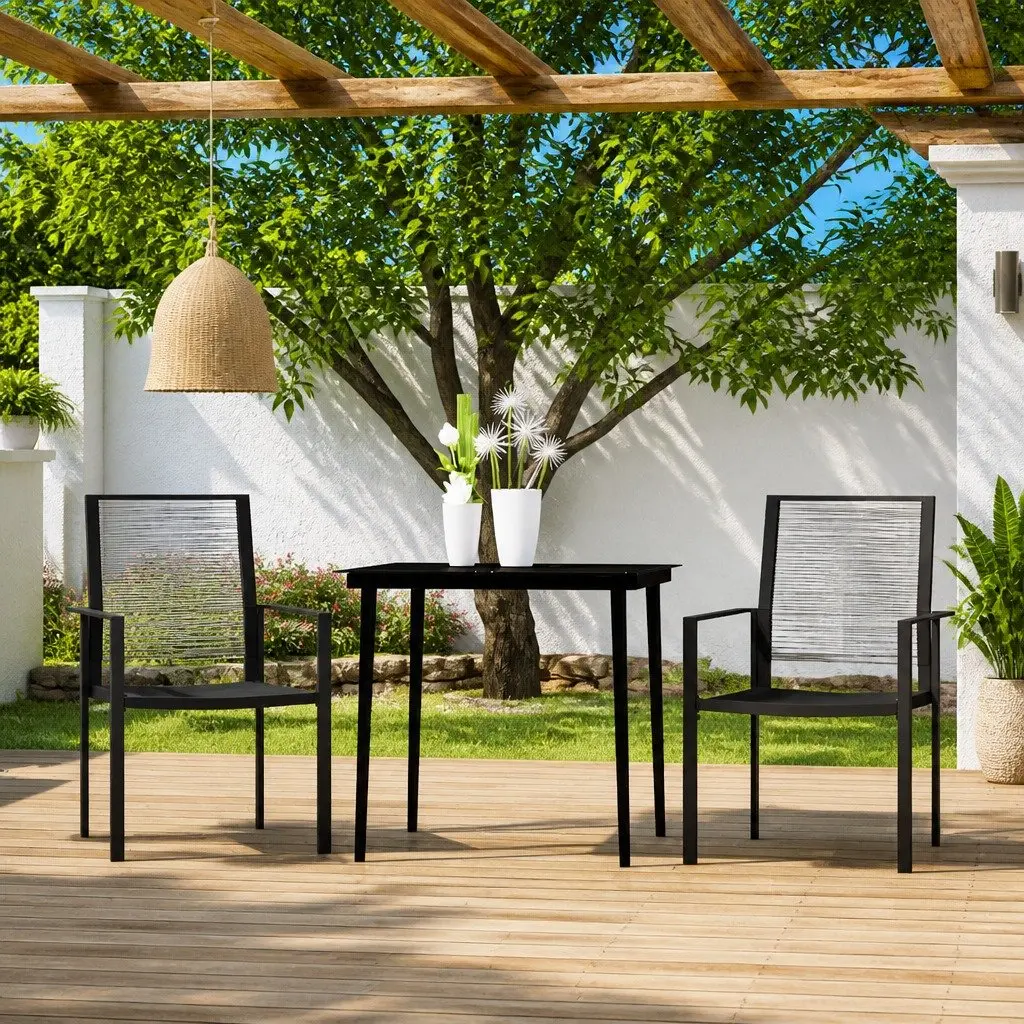 Outdoor Dining Set 3 Piece Black Powder Coated Steel Glass Top Rattan Chair