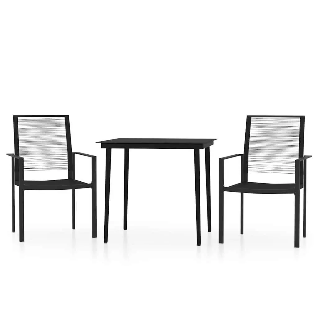 Outdoor Dining Set 3 Piece Black Powder Coated Steel Glass Top Rattan Chair