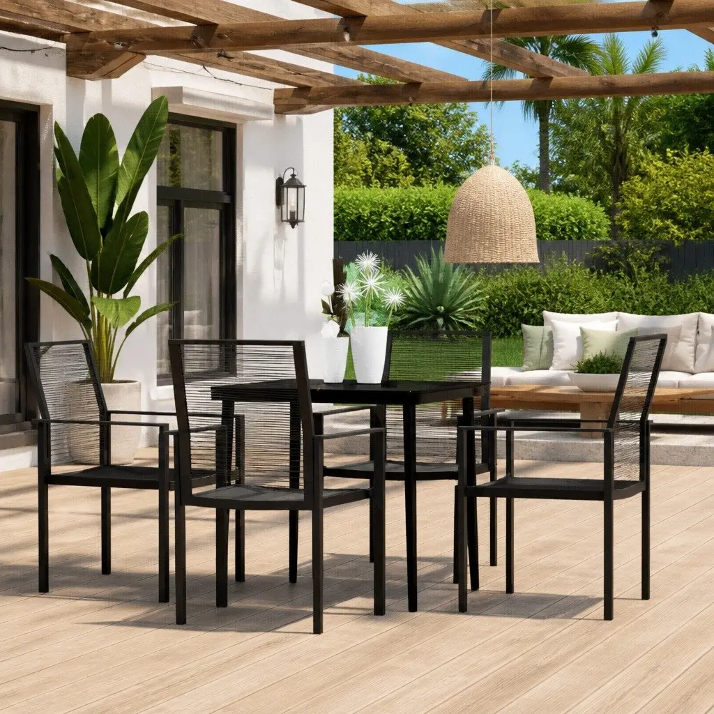 5 Piece Garden Dining Set Black Powder-coated Steel Glass Rattan Chairs