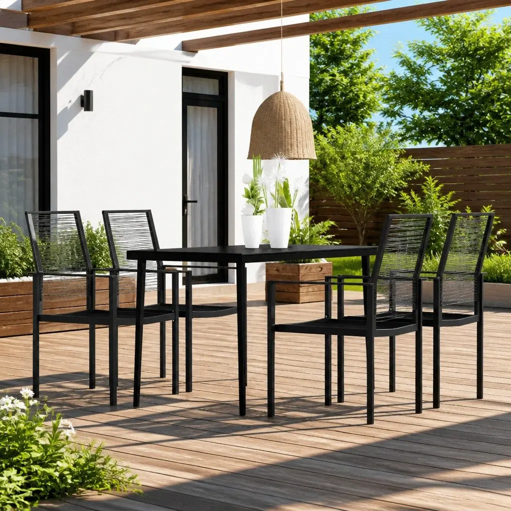 5 Piece Garden Dining Set Black Rattan Chairs Powder Coated Steel Frame Glass Top Outdoor Furniture