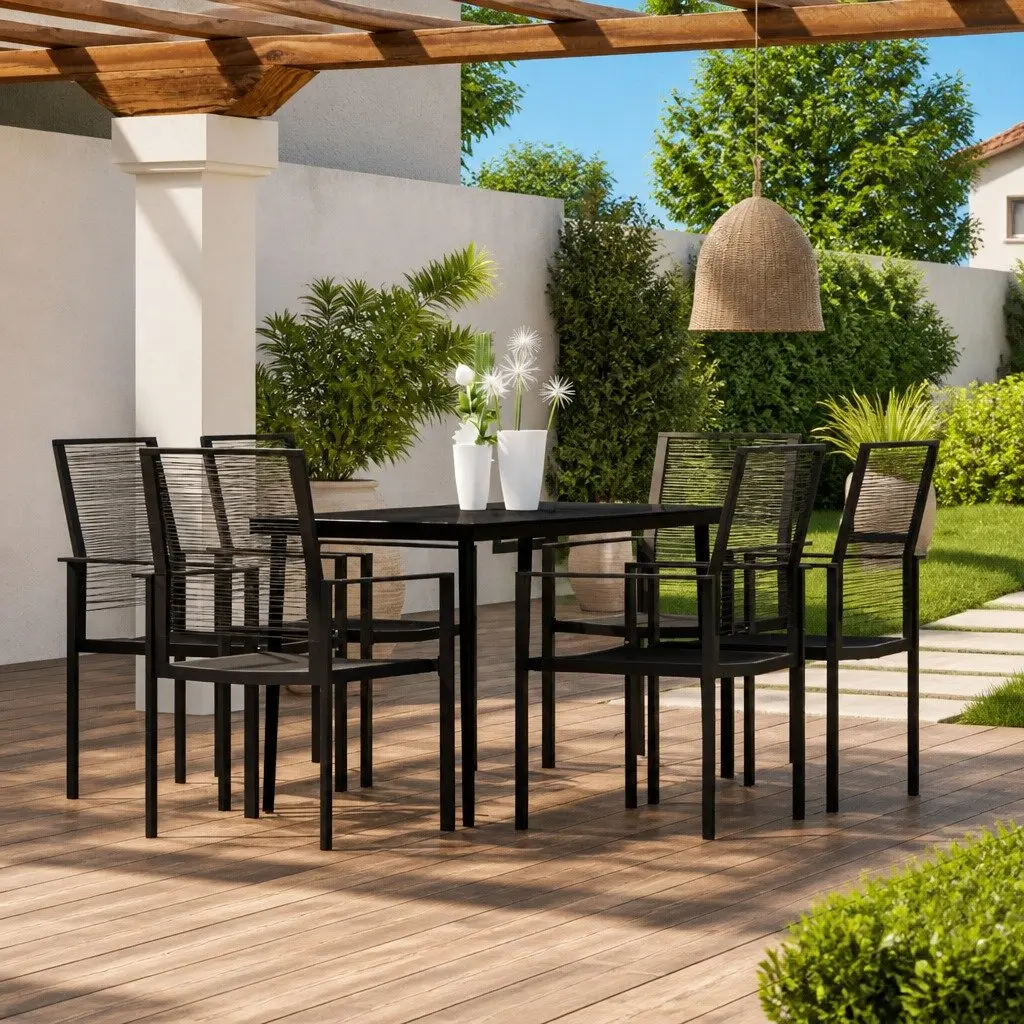 7 Piece Garden Dining Set Powder-coated Steel Frame Glass Top Black Rattan Chairs