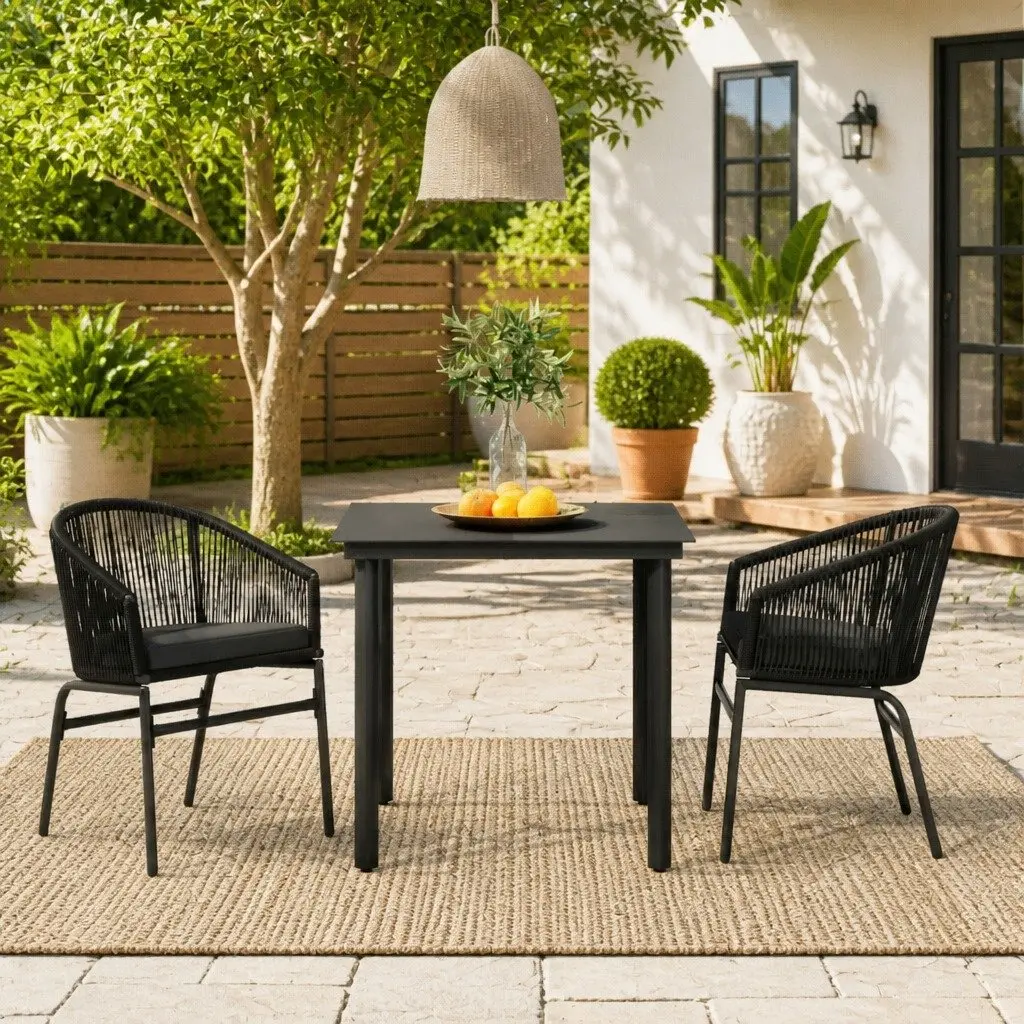 3 Piece Garden Patio Set Rattan Chairs Steel Frame Black Glass Table