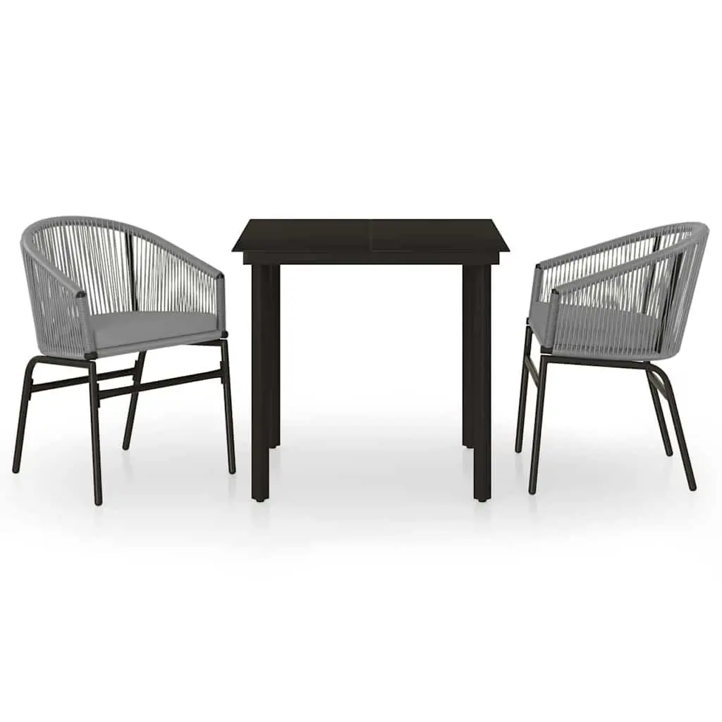 3 Piece Outdoor Dining Set Grey Steel Frame Glass Table with Two PVC Rattan Chairs and Removable Cushions