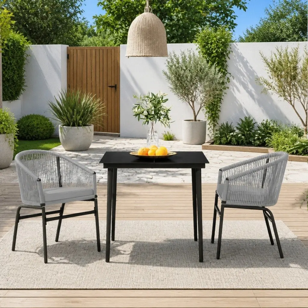 3 Piece Garden Dining Set Steel Glass Table Rattan Chairs Grey