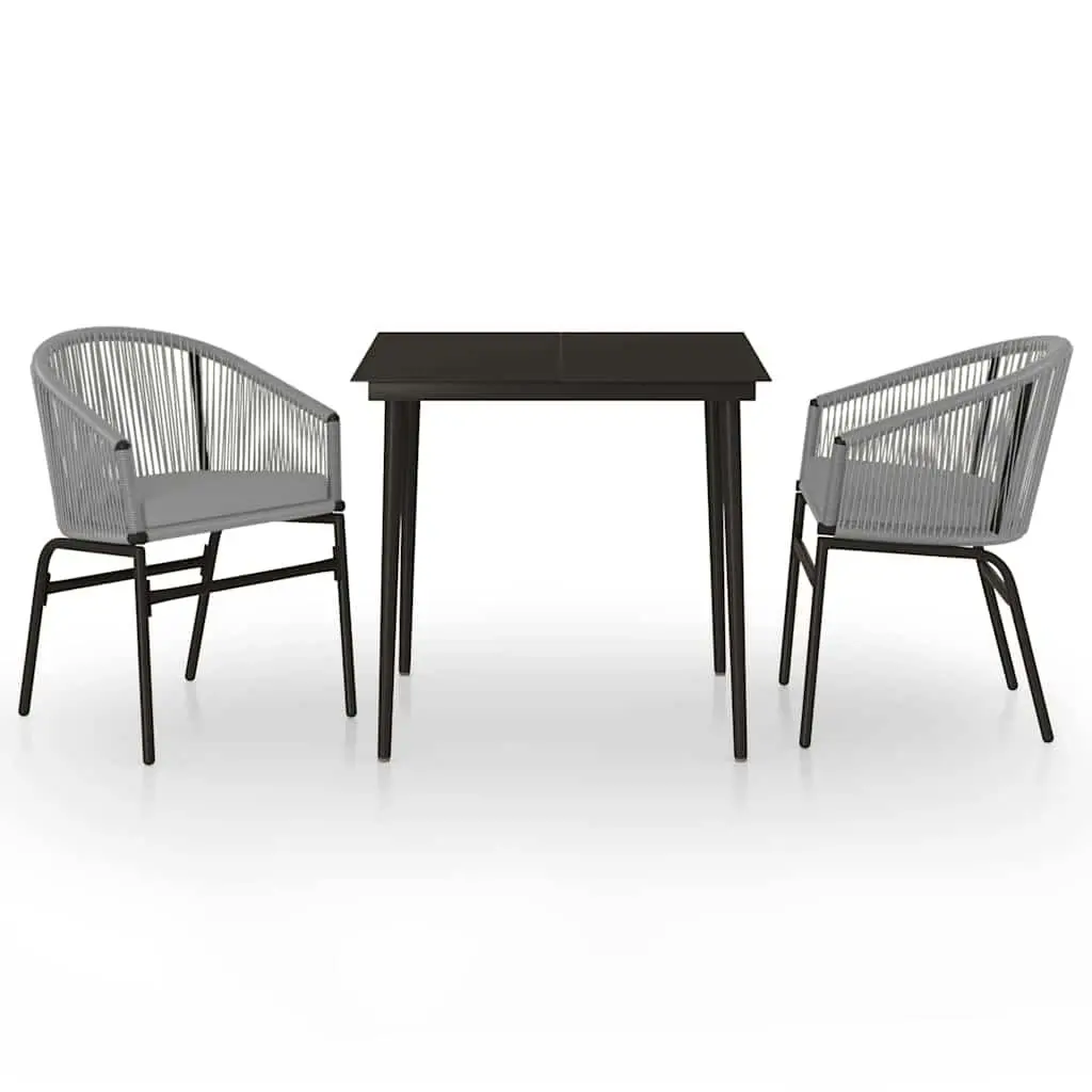 3 Piece Garden Dining Set Steel Glass Table Rattan Chairs Grey