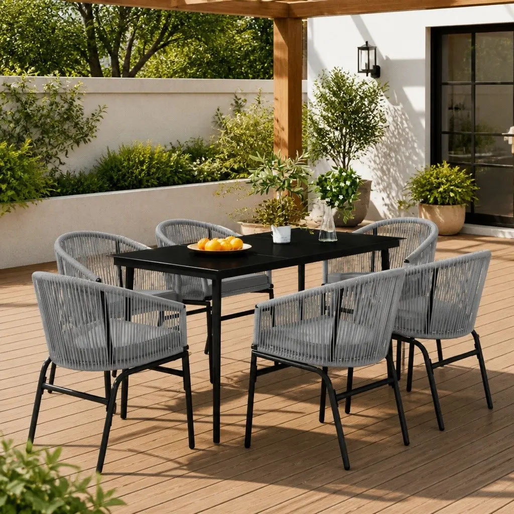 Garden Dining Set Rattan Chairs Glass Table 7 Piece Grey