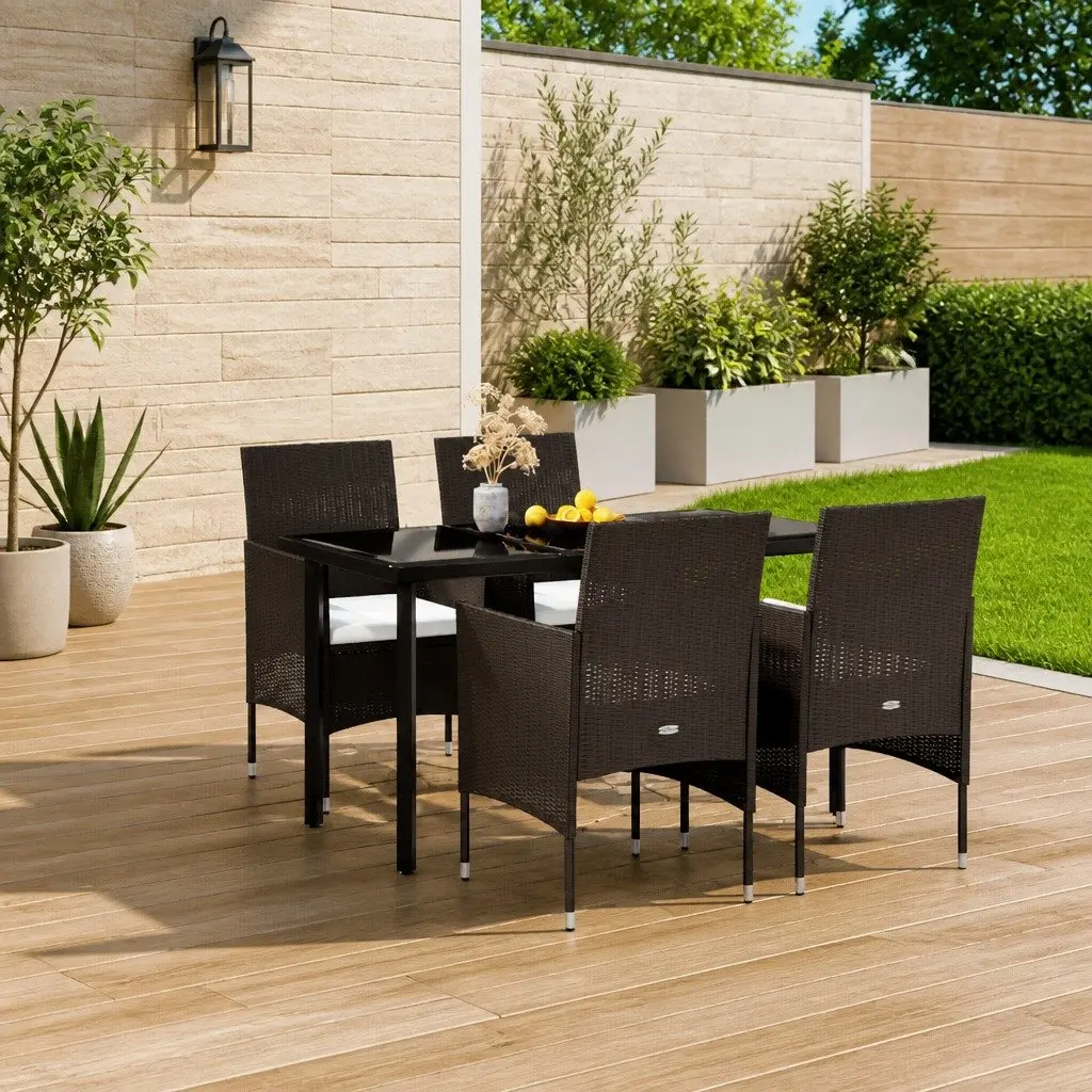 5 Piece Outdoor Garden Dining Set Black Powder-coated Steel Frame Glass Table Water-resistant PE Rattan Chairs
