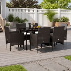 7 Piece Garden Dining Set Black Outdoor Patio Furniture with Cushions Glass