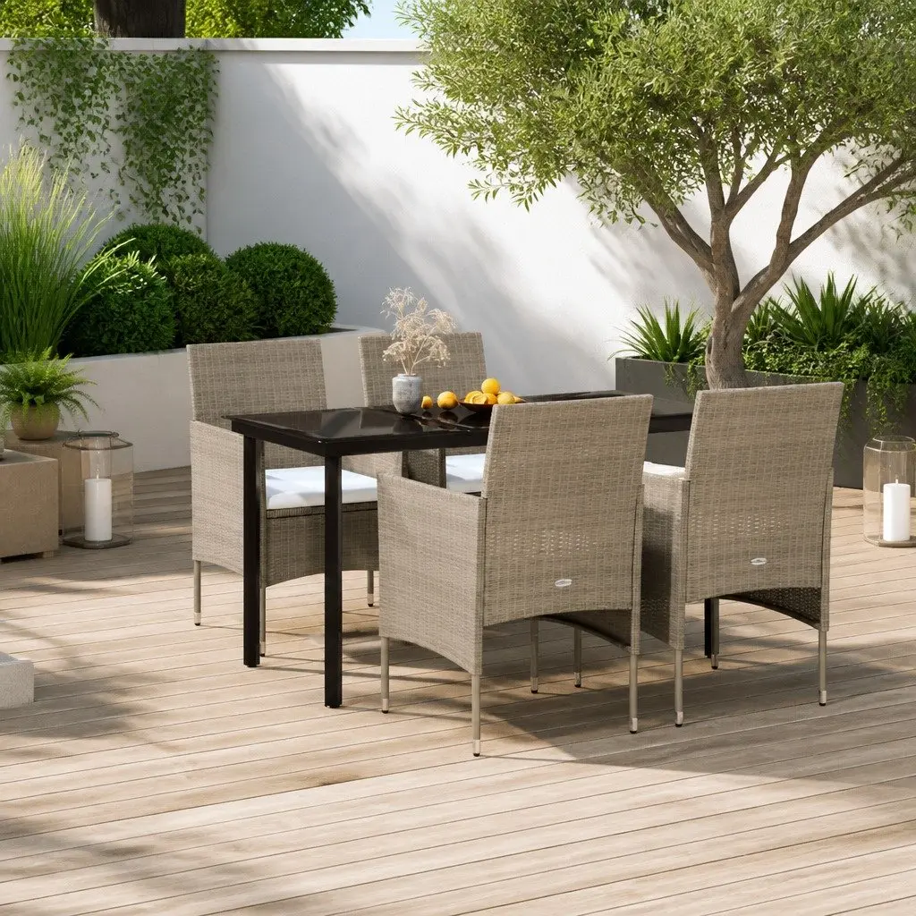 Garden Dining Set 5 Piece Powder-coated Steel Frame Water-resistant PE Rattan Chairs with Cushions Glass Tabletop Beige Black
