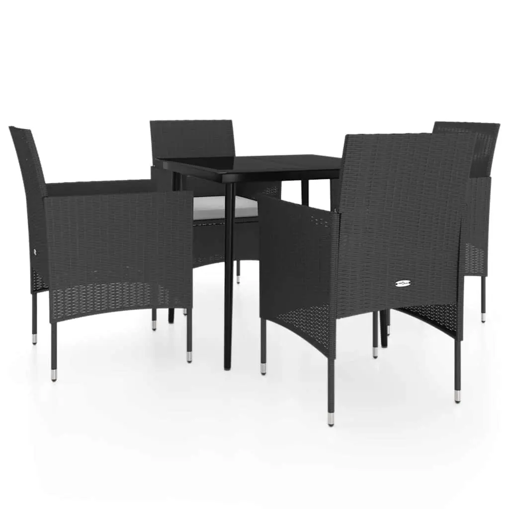 5 Piece Garden Dining Set Black Rattan Chairs Glass Top Table Steel Frame