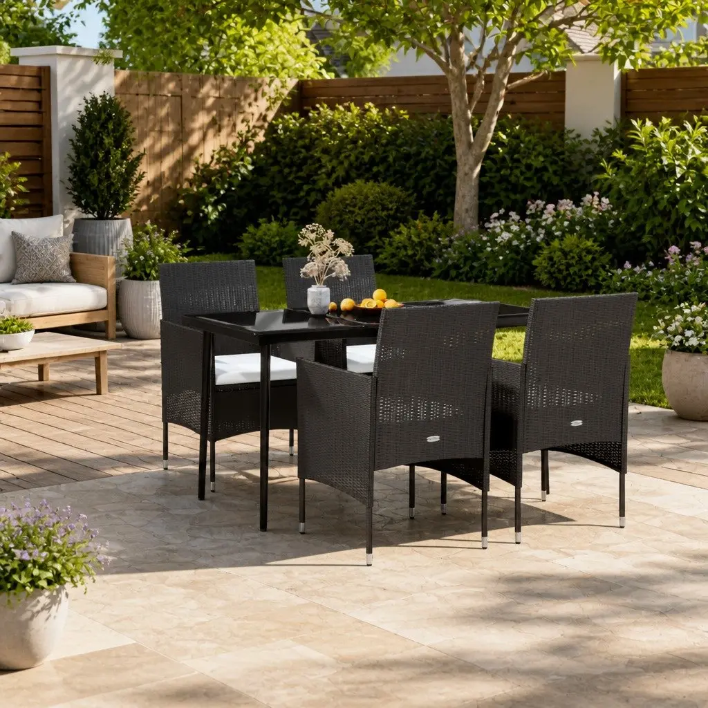 5 Piece Outdoor Garden Dining Set Powder-coated Steel Frame Water-resistant PE Rattan Cushioned Chairs Glass Top Black
