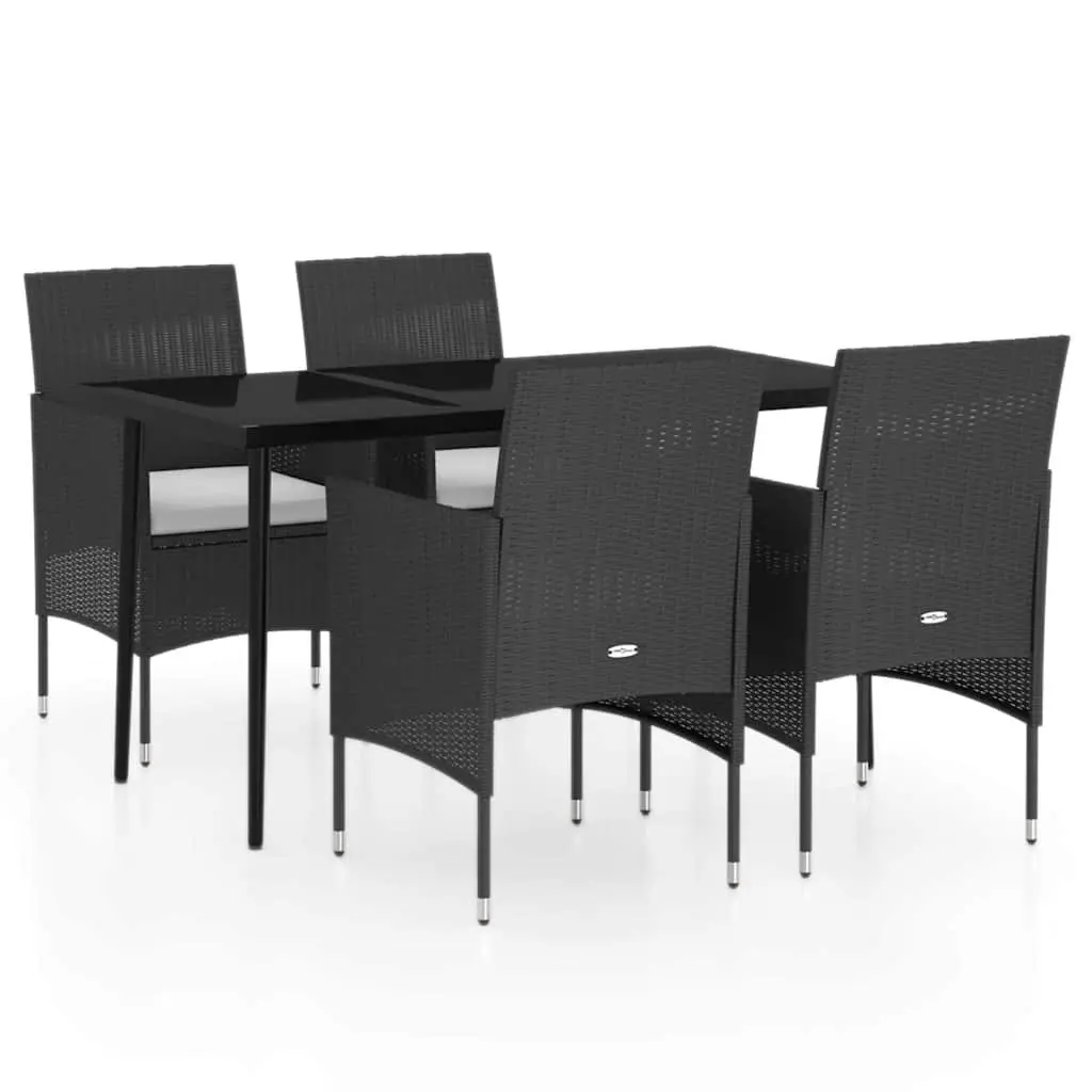5 Piece Outdoor Garden Dining Set Powder-coated Steel Frame Water-resistant PE Rattan Cushioned Chairs Glass Top Black