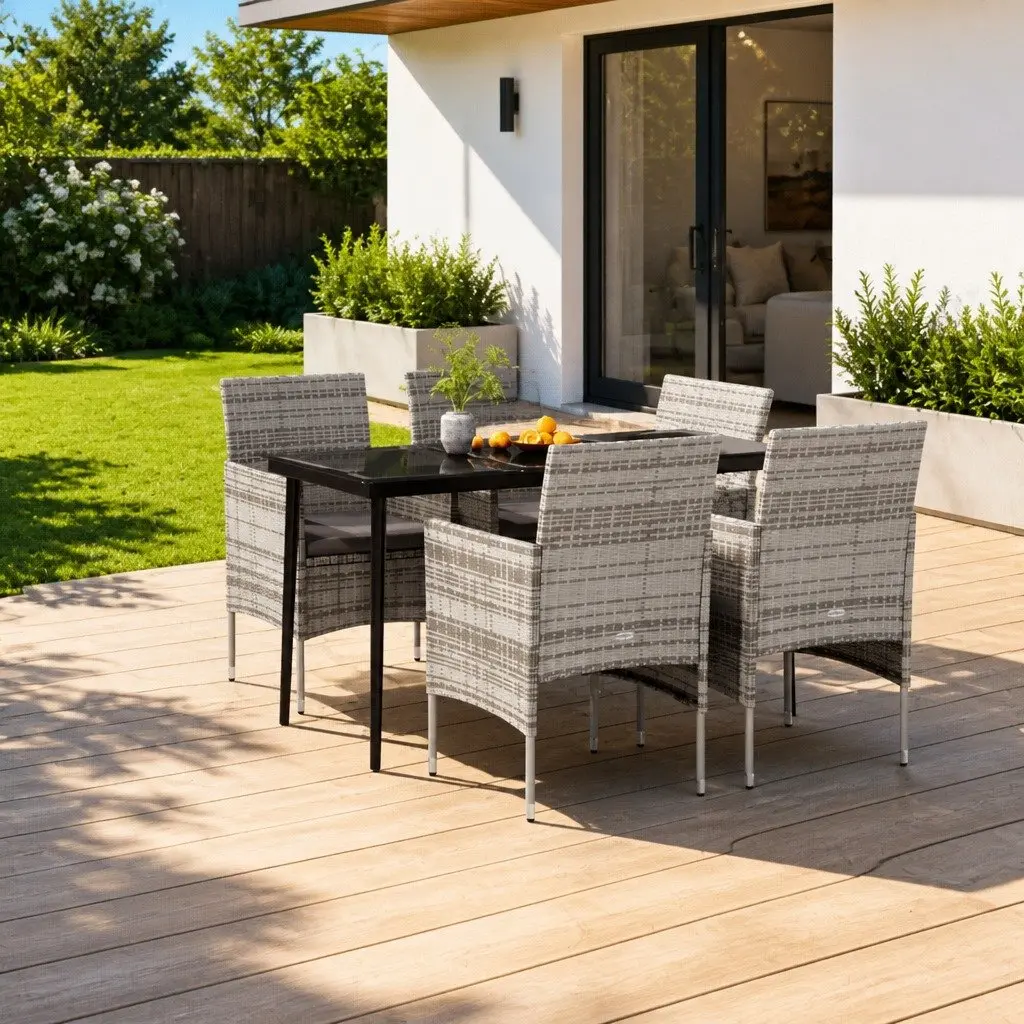 Outdoor Garden Dining Set Powder-coated Steel Frame Water-resistant PE Rattan Chairs Glass Tabletop 5 Piece Grey
