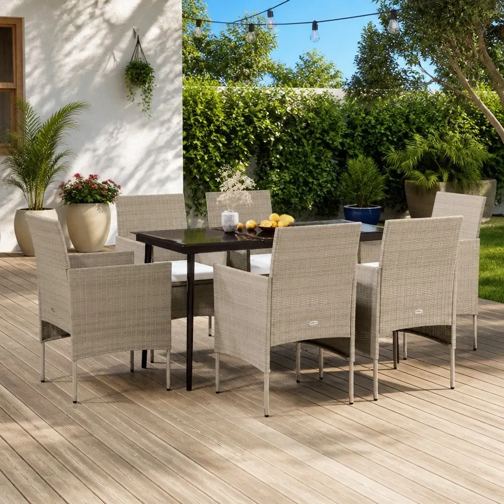 7 Piece Outdoor Garden Dining Set Sturdy Powder-Coated Steel Frames Glass Tabletop Water-Resistant PE Rattan Chairs Cushions Beige Black