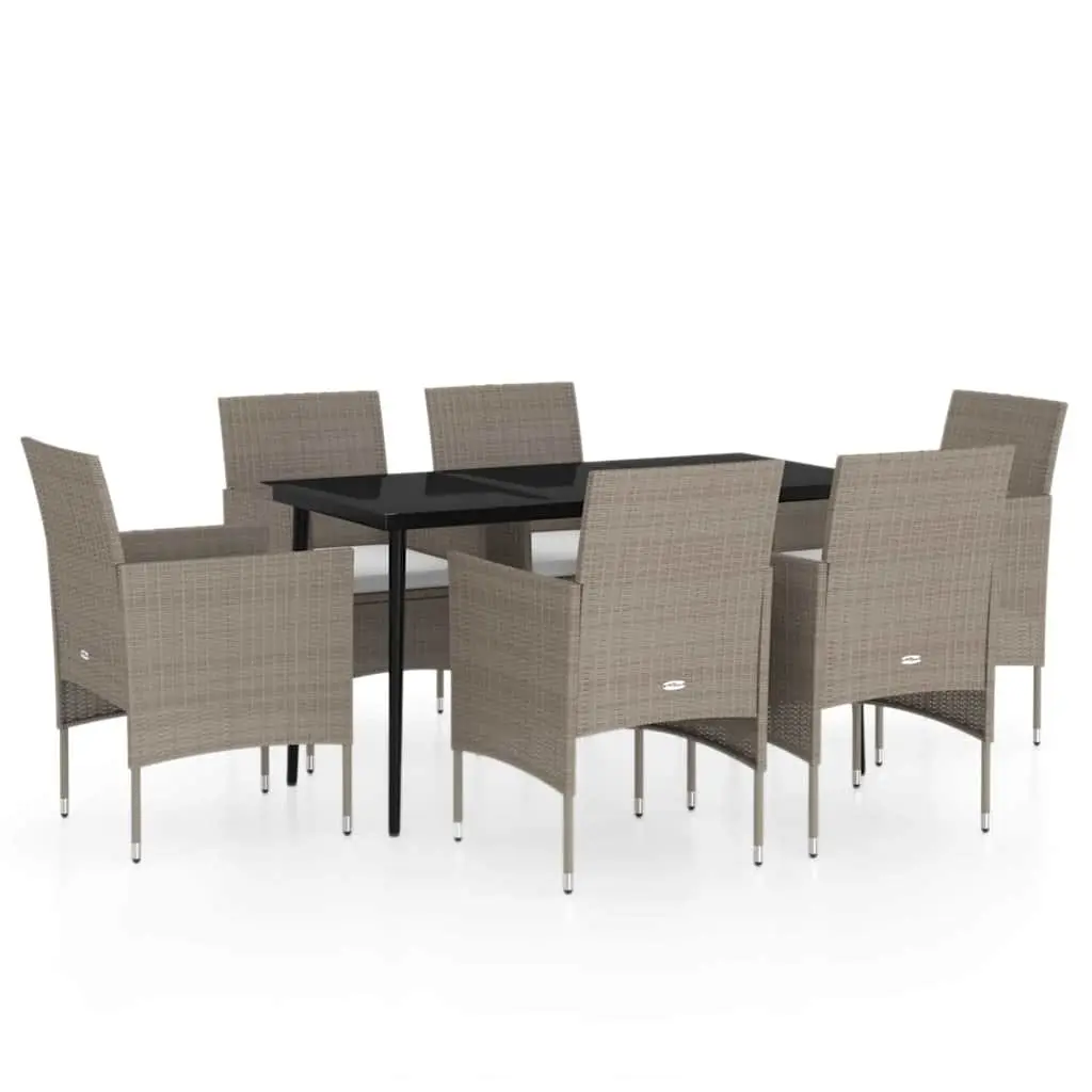 7 Piece Outdoor Garden Dining Set Sturdy Powder-Coated Steel Frames Glass Tabletop Water-Resistant PE Rattan Chairs Cushions Beige Black