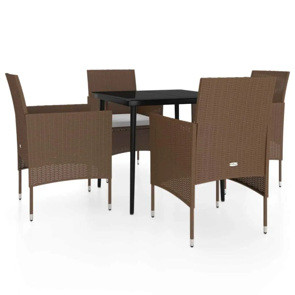 Outdoor Garden Dining Set 5 Piece Glass Table Rattan Chairs Cushions Brown
