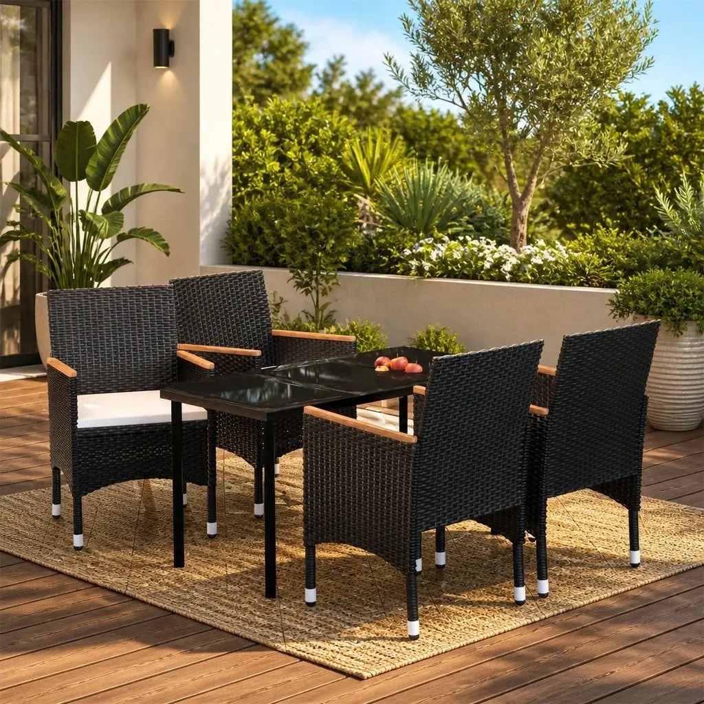 Outdoor Dining Set Rattan Chairs with Cushions Black Glass Table 5 Piece