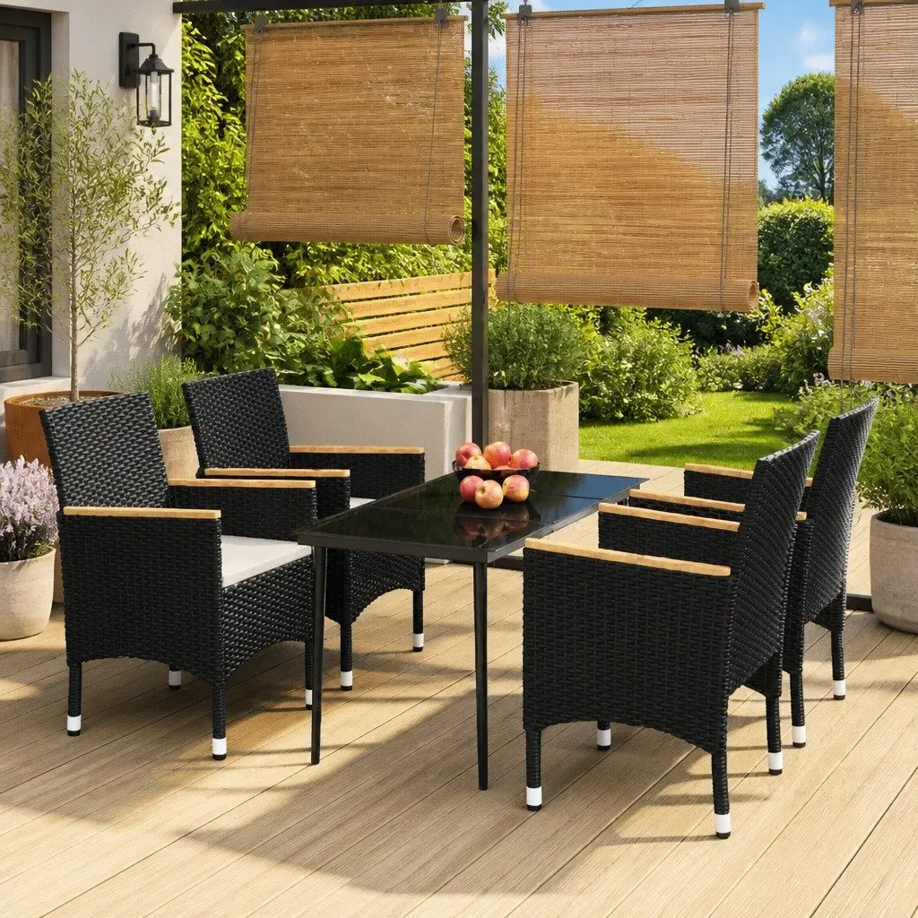 Garden Dining Set Steel Frame PE Rattan Glass Top 5 Piece Black