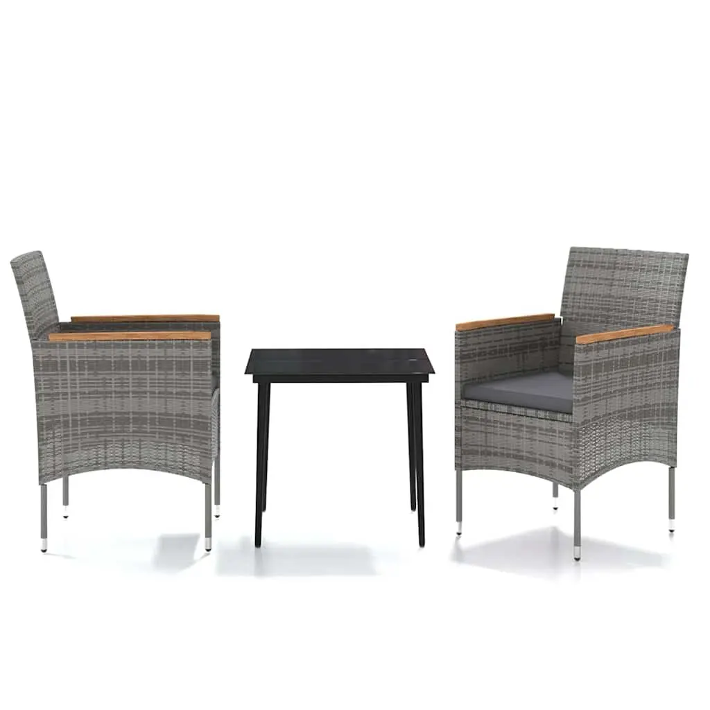 3 Piece Outdoor Dining Set Glass Top Table Rattan Chairs Cushions Grey