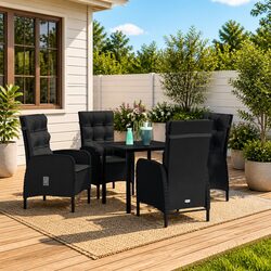 5 Piece Outdoor Dining Set Black Reclining Chairs Glass Table Garden Furniture