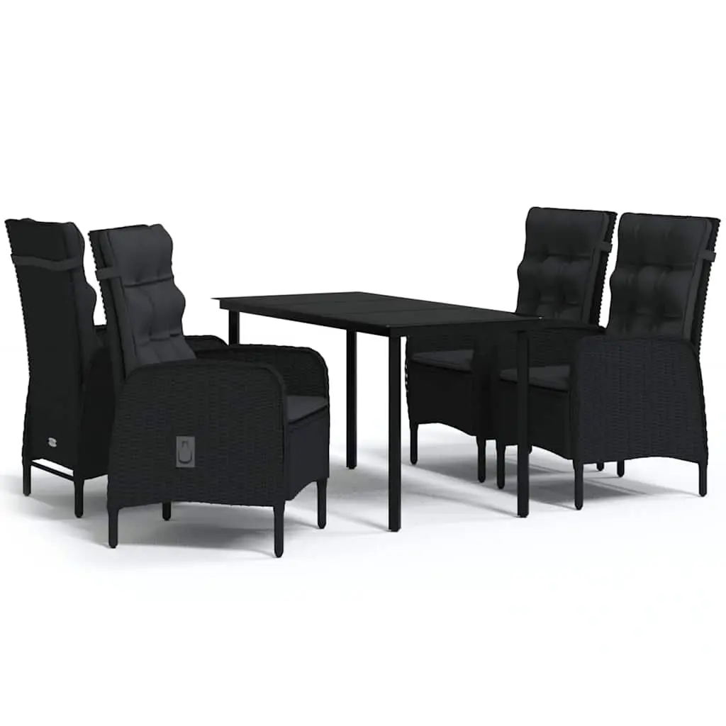 Outdoor Dining Set Black Steel Rattan 5 Piece Garden Furniture with Glass Tabletop