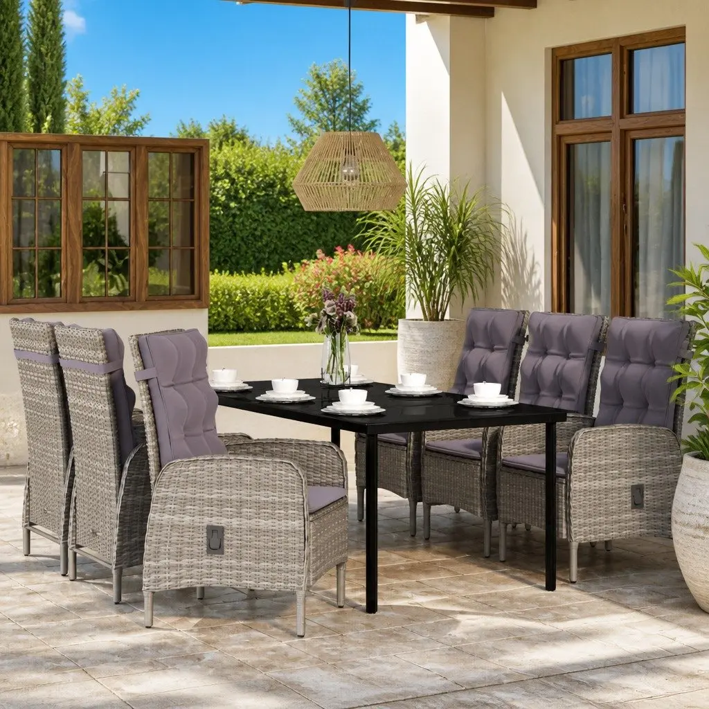 Garden Dining Set 7 Piece Outdoor Table Glass Top Chairs Grey Black Rattan Cushions