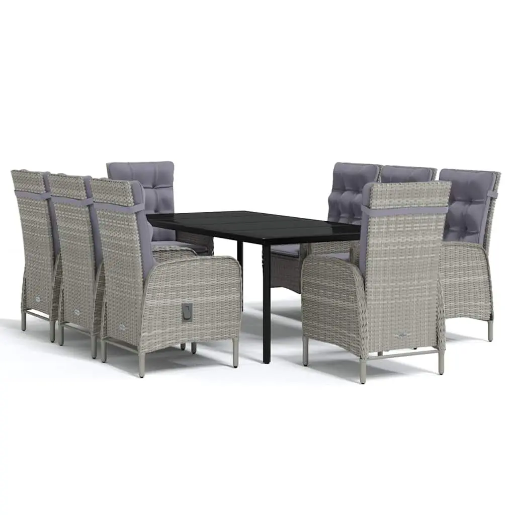 Outdoor Furniture Set 9 Pieces Ergonomic Dining Chairs Glass Top Table Grey Black Rattan Water Resistant Steel Frame