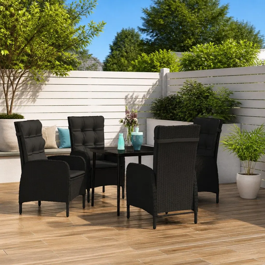 5 Piece Outdoor Dining Set Powder-coated Steel Glass Table PE Rattan Reclining Chairs with Cushions Black