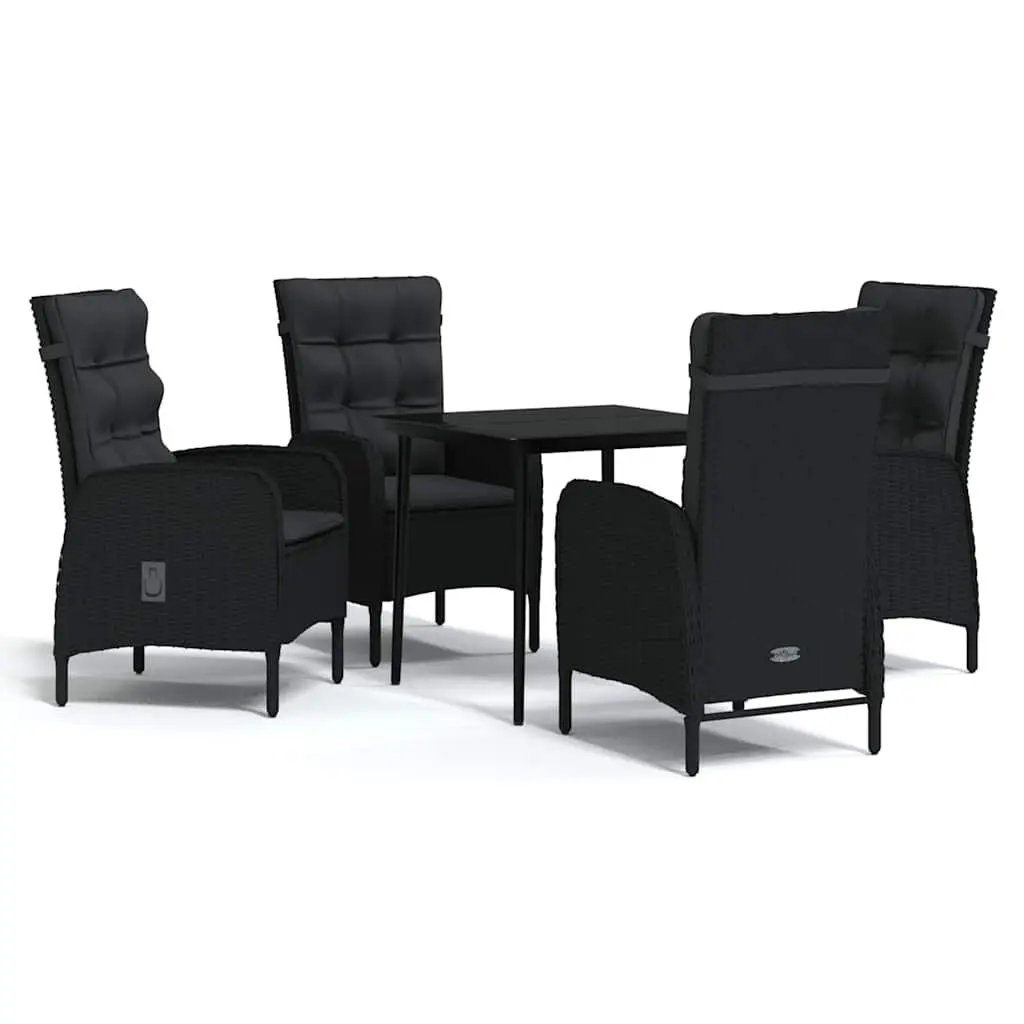 5 Piece Outdoor Dining Set Powder-coated Steel Glass Table PE Rattan Reclining Chairs with Cushions Black