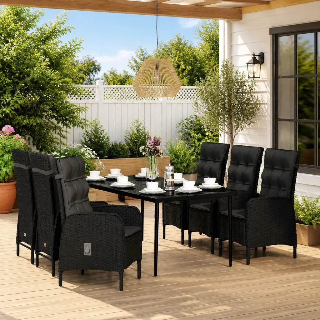 Outdoor Garden Dining Set Glass Table Reclining Chairs 7 Piece Black