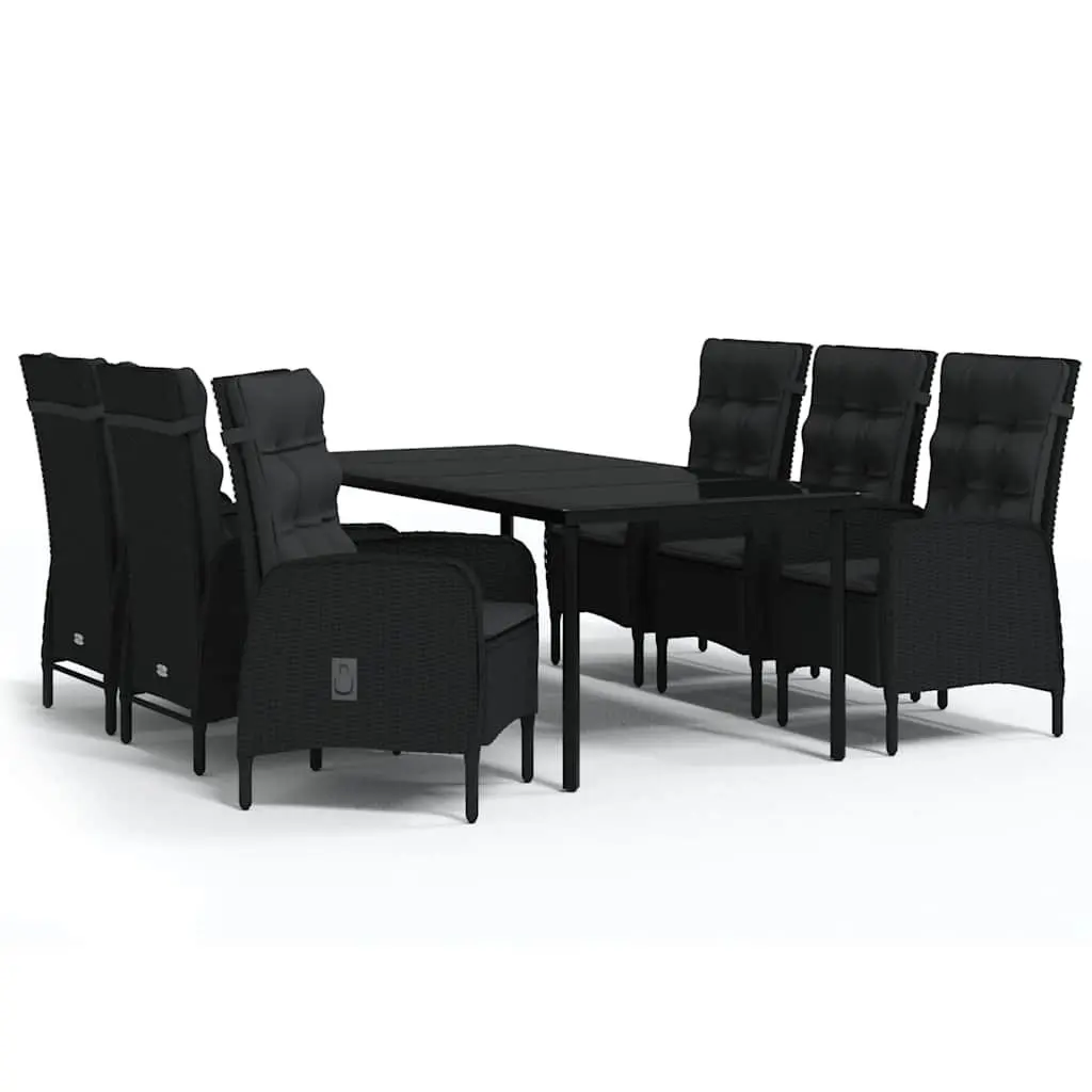 Outdoor Garden Dining Set Glass Table Reclining Chairs 7 Piece Black