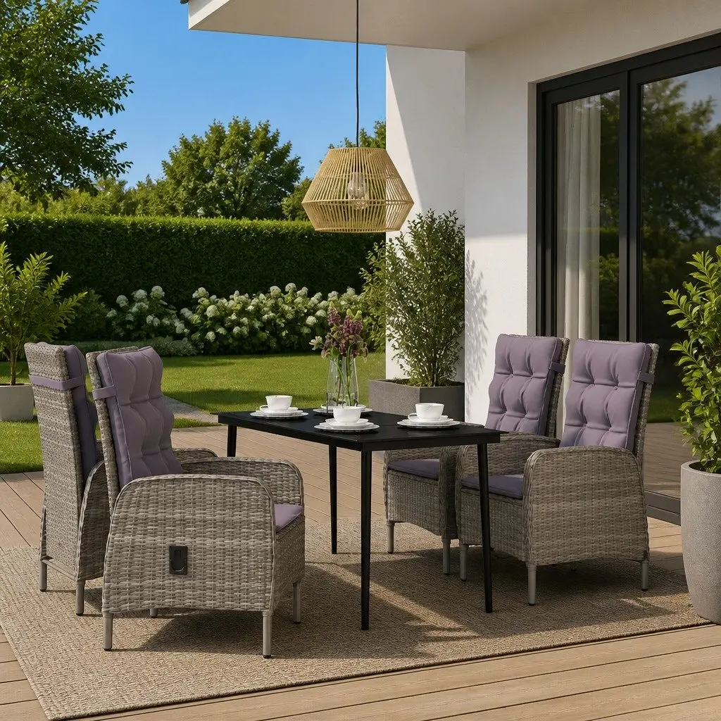 Outdoor Dining Set Steel Frame Glass Table 5 Piece Grey Black