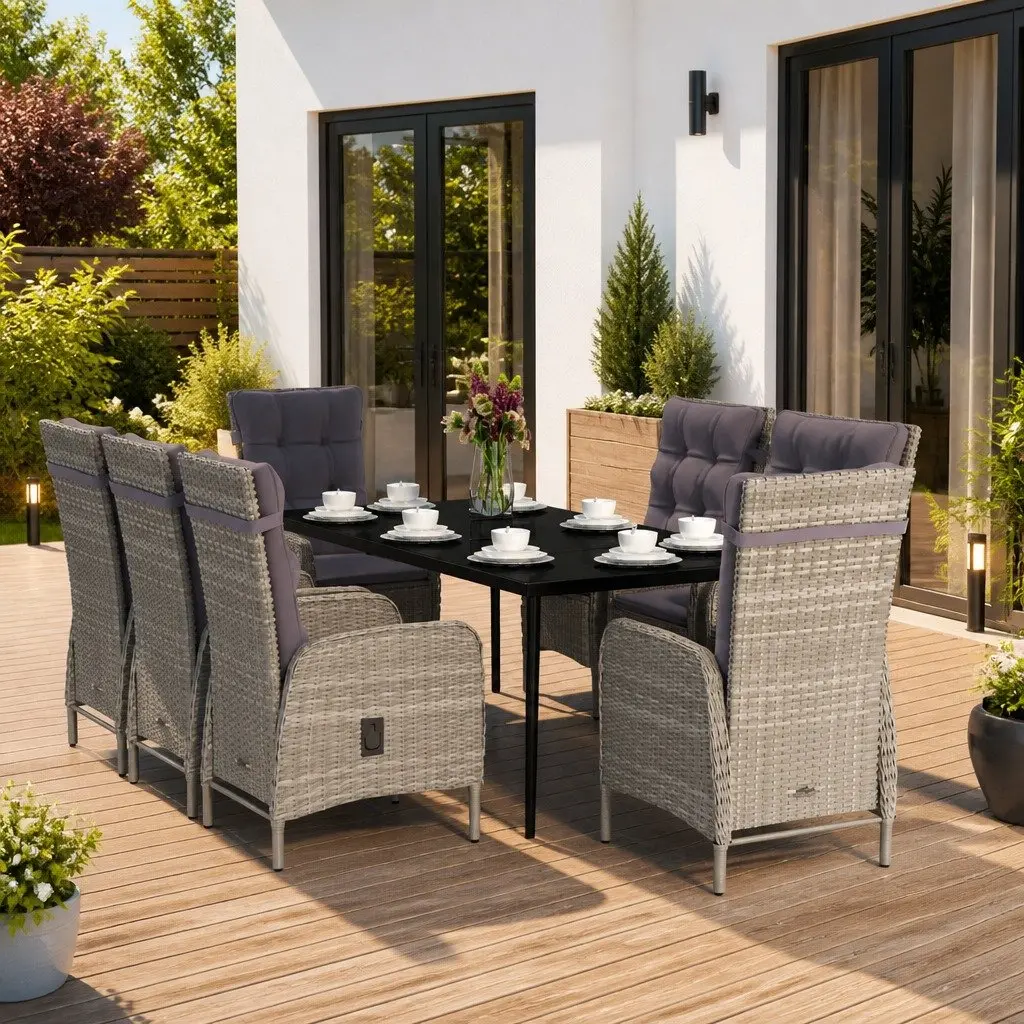 Garden Dining Set 9 Piece Powder-coated Steel PE Rattan Cushions Grey Black