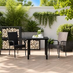 Outdoor Dining Set 3 Piece Black Steel Frame Glass Table Rattan Chairs
