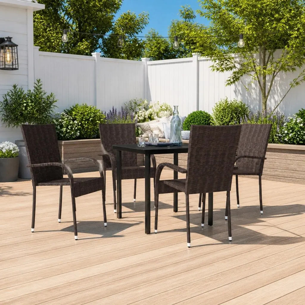 5 Piece Outdoor Dining Set Brown Glass Top Steel Frame PE Rattan Chairs