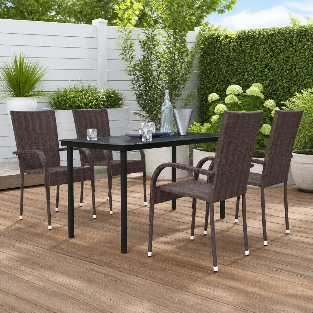 5 Piece Outdoor Dining Set Glass Table Powder-coated Steel Frame Rattan Chairs Brown